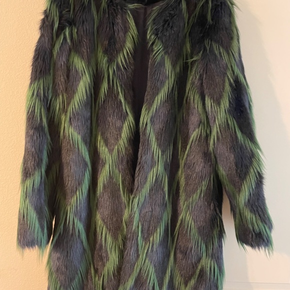 ZADIG & VOLTAIRE Louisy Harlequin Faux Fur Coat Marine Blue/Green Size S - Picture 3 of 12